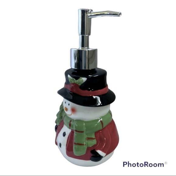 Snowman Ceramic Soap Lotion Pump Dispenser Glazed Hand Painted Christmas Festive - Picture 4 of 9